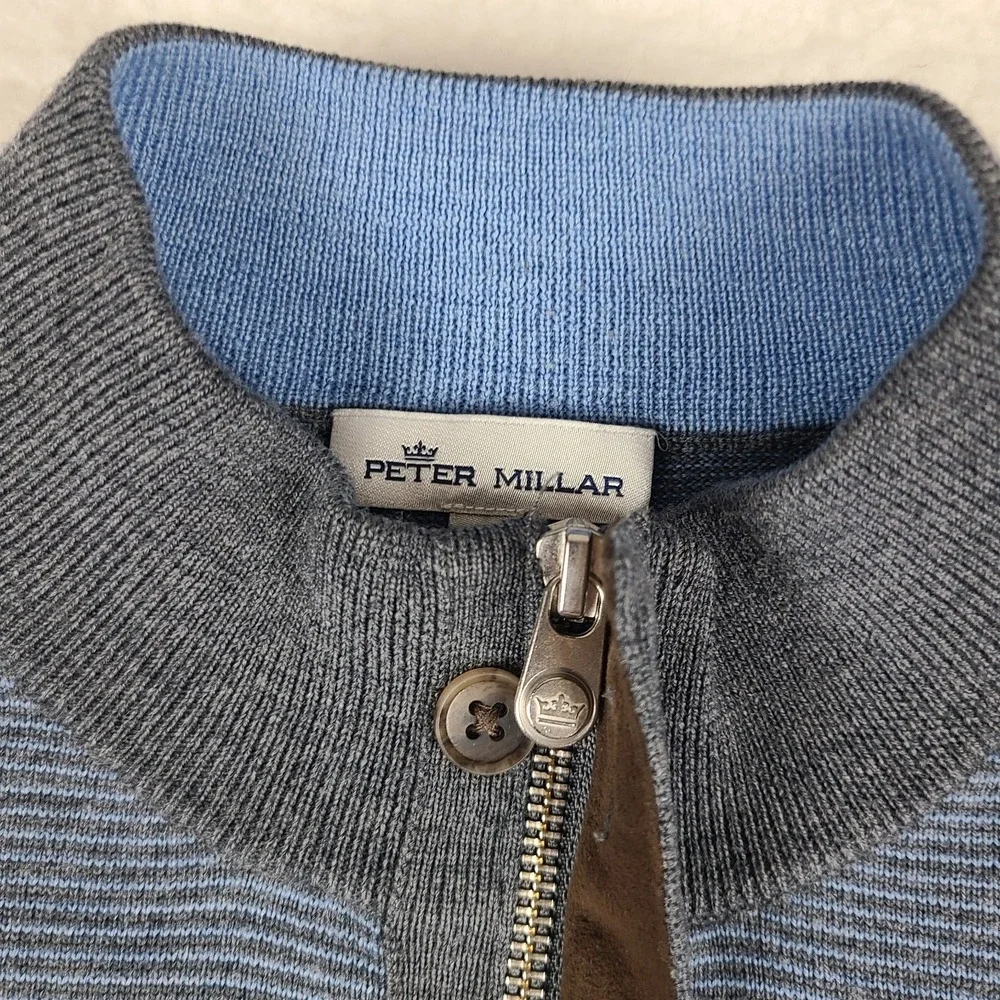 Peter Millar Sweater Mens Large Blue Gray Knit Wool Quarter Zip MF19S63